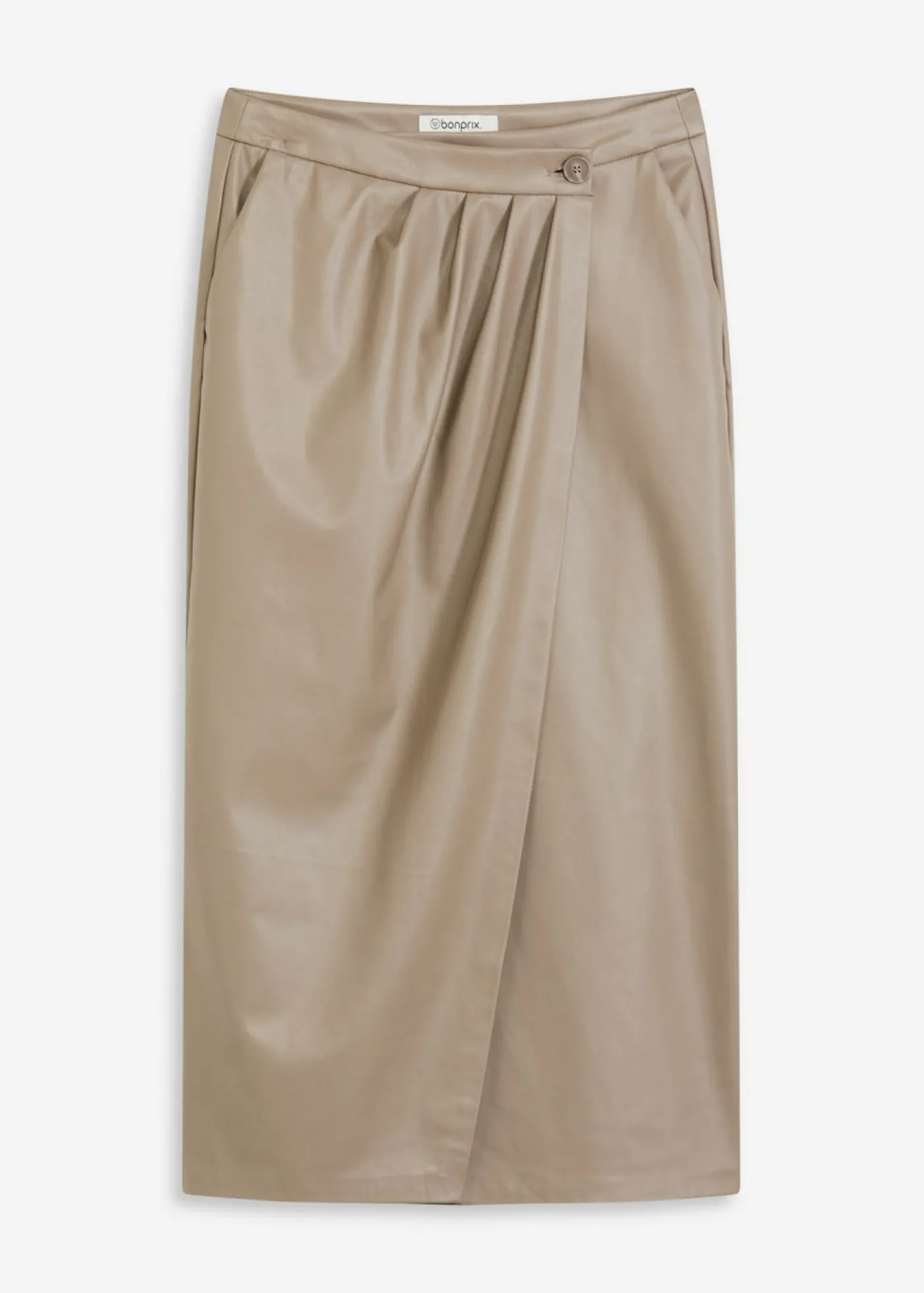 bonprix bonprix Falda midi cruzada de piel sintética Marrón grisáceo Clearance