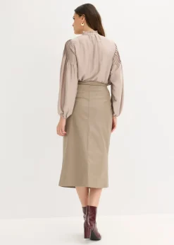 bonprix bonprix Falda midi cruzada de piel sintética Marrón grisáceo Clearance