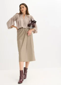 bonprix bonprix Falda midi cruzada de piel sintética Marrón grisáceo Clearance