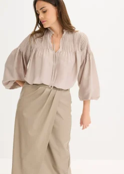 bonprix bonprix Falda midi cruzada de piel sintética Marrón grisáceo Clearance