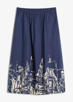 bonprix bonprix Falda midi de algodón orgánico puro azul marino/crudo con estampado gráfico Sale