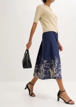 bonprix bonprix Falda midi de algodón orgánico puro azul marino/crudo con estampado gráfico Sale
