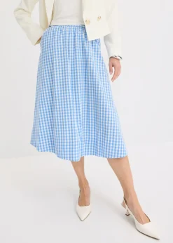 bonprix bonprix Falda midi de algodón puro Azul provenzal/blanco lana de cuadros