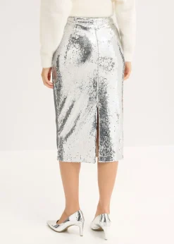 bonprix bonprix Falda midi de lentejuelas Plata Outlet