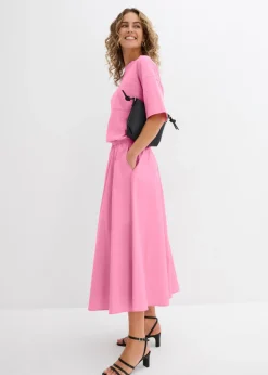 bonprix bonprix Falda midi de mezcla de algodón elástico Rosa Discount