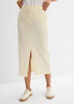 bonprix bonprix Falda midi de mezcla de lino vaporosa Blanco-crema Online