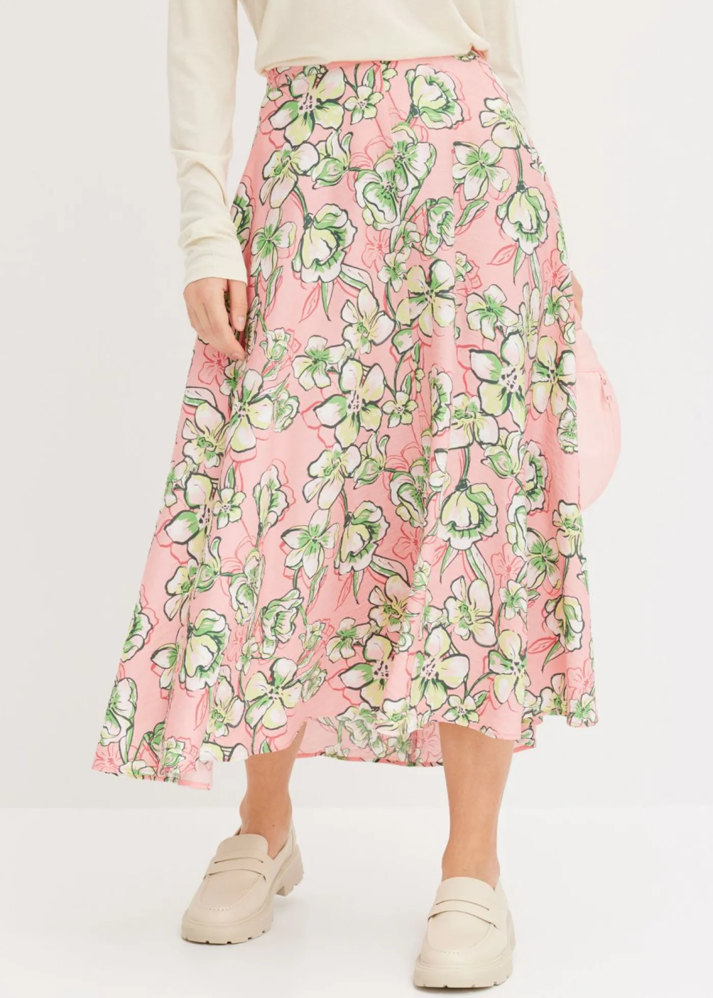 bonprix bonprix Falda midi de mezcla de viscosa fluida rosa pálido Outlet