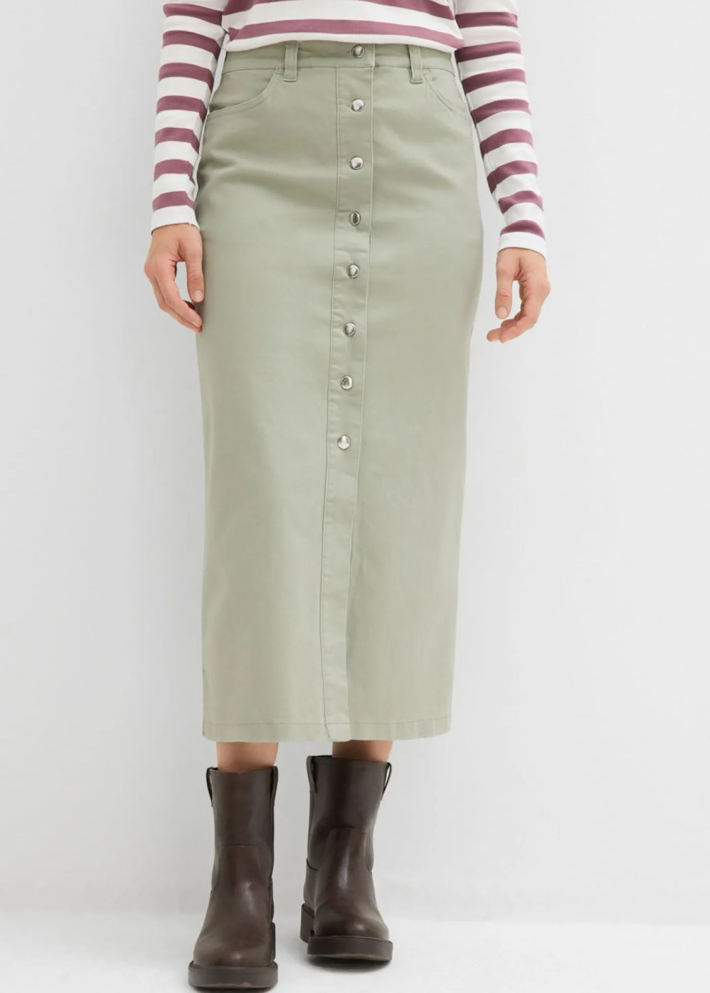 bonprix bonprix Falda midi de sarga Verde alga Sale