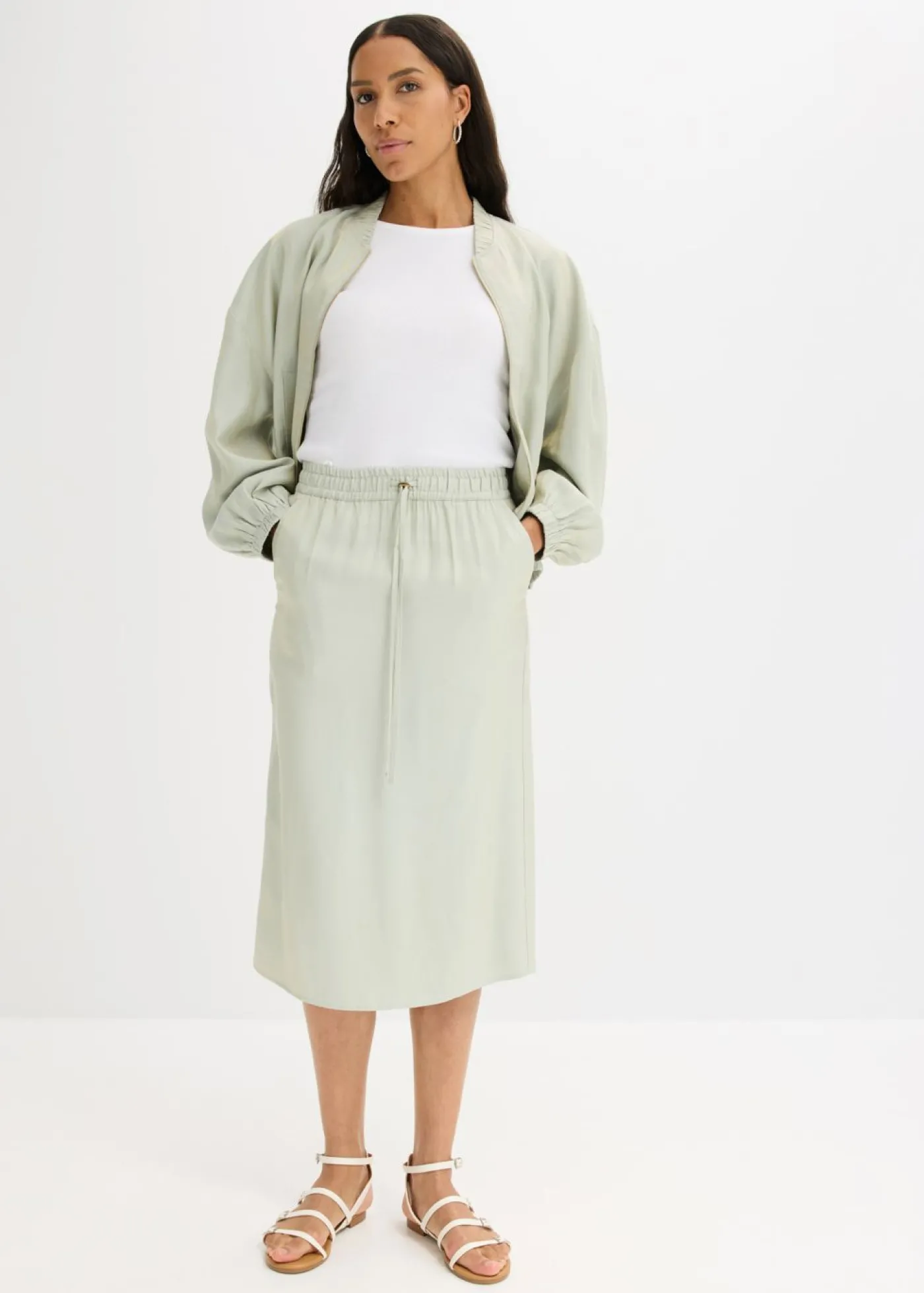 bonprix bonprix Falda midi de satén brillante hierbabuena/oro Sale