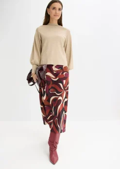 bonprix bonprix Falda midi de satén fluido Rojo burdeos-beige mate estampado Hot