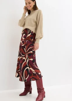 bonprix bonprix Falda midi de satén fluido Rojo burdeos-beige mate estampado Hot