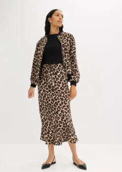 bonprix bonprix Falda midi de satén fluido estampado leo marrón Online