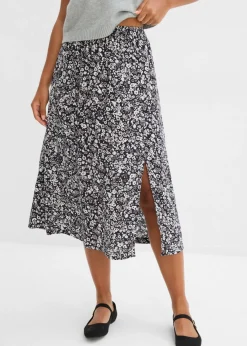 bonprix bonprix Falda midi de viscosa negro-blanco-gris con flores Online