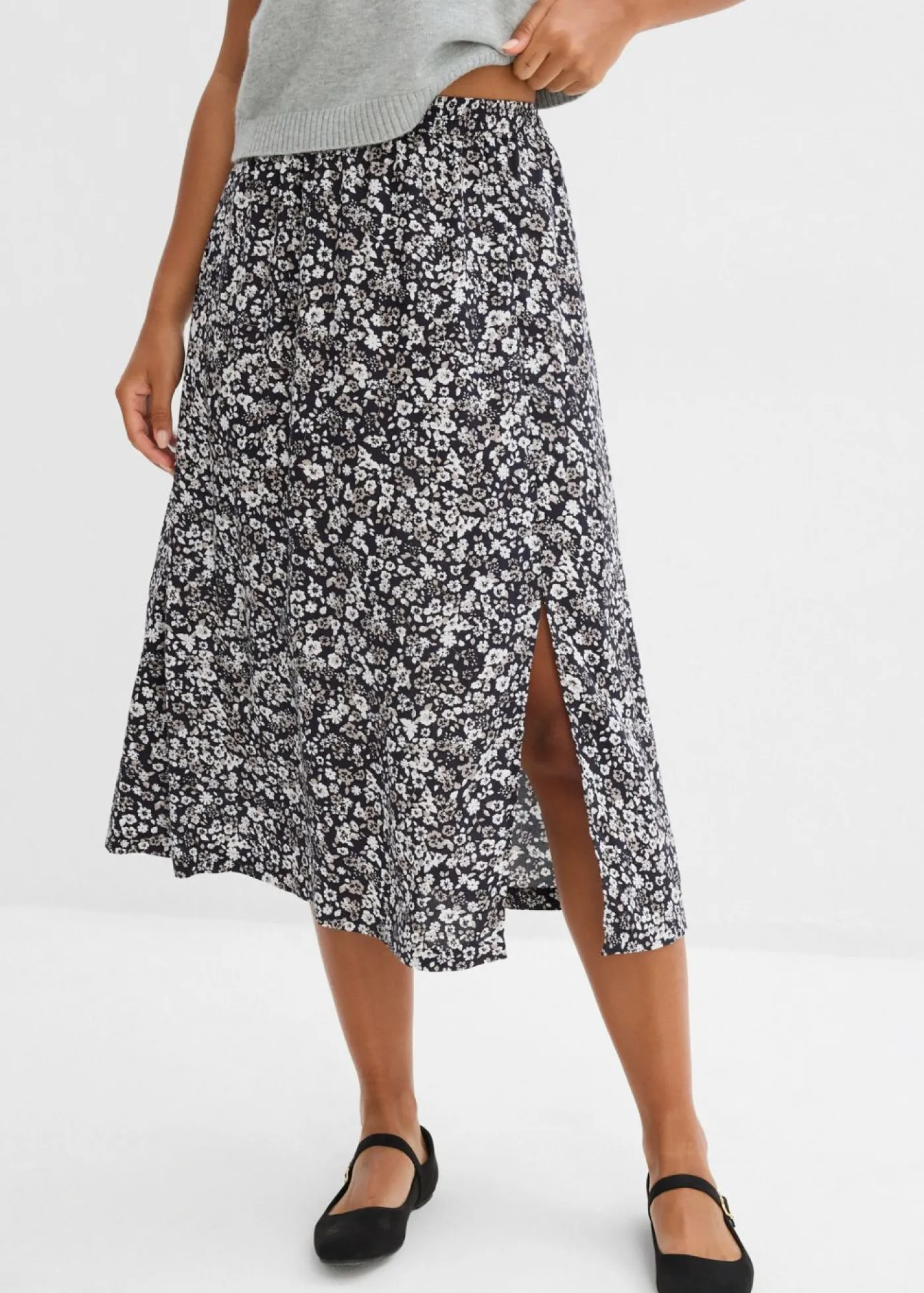bonprix bonprix Falda midi de viscosa negro-blanco-gris con flores Online