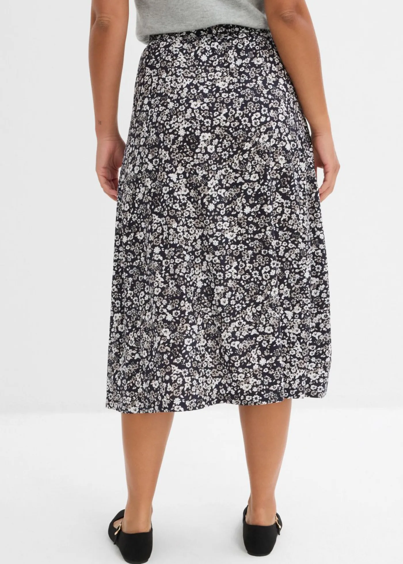 bonprix bonprix Falda midi de viscosa negro-blanco-gris con flores Online