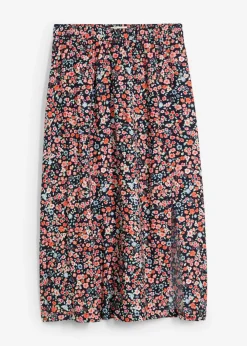 bonprix bonprix Falda midi de viscosa azul marino-blanco-rojo oscuro-fresa-salmón-rosa pálido-rosa claro-tulipán-topacio-turquesa pastel-salvia suave con flores New