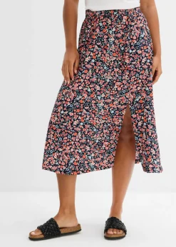 bonprix bonprix Falda midi de viscosa azul marino-blanco-rojo oscuro-fresa-salmón-rosa pálido-rosa claro-tulipán-topacio-turquesa pastel-salvia suave con flores New