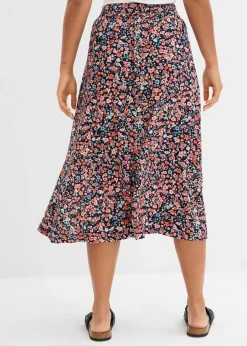 bonprix bonprix Falda midi de viscosa azul marino-blanco-rojo oscuro-fresa-salmón-rosa pálido-rosa claro-tulipán-topacio-turquesa pastel-salvia suave con flores New