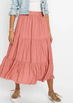 bonprix bonprix Falda midi de viscosa con efecto arrugado Coral humo Hot
