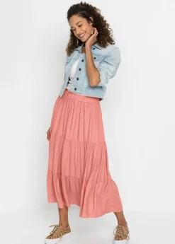 bonprix bonprix Falda midi de viscosa con efecto arrugado Coral humo Hot
