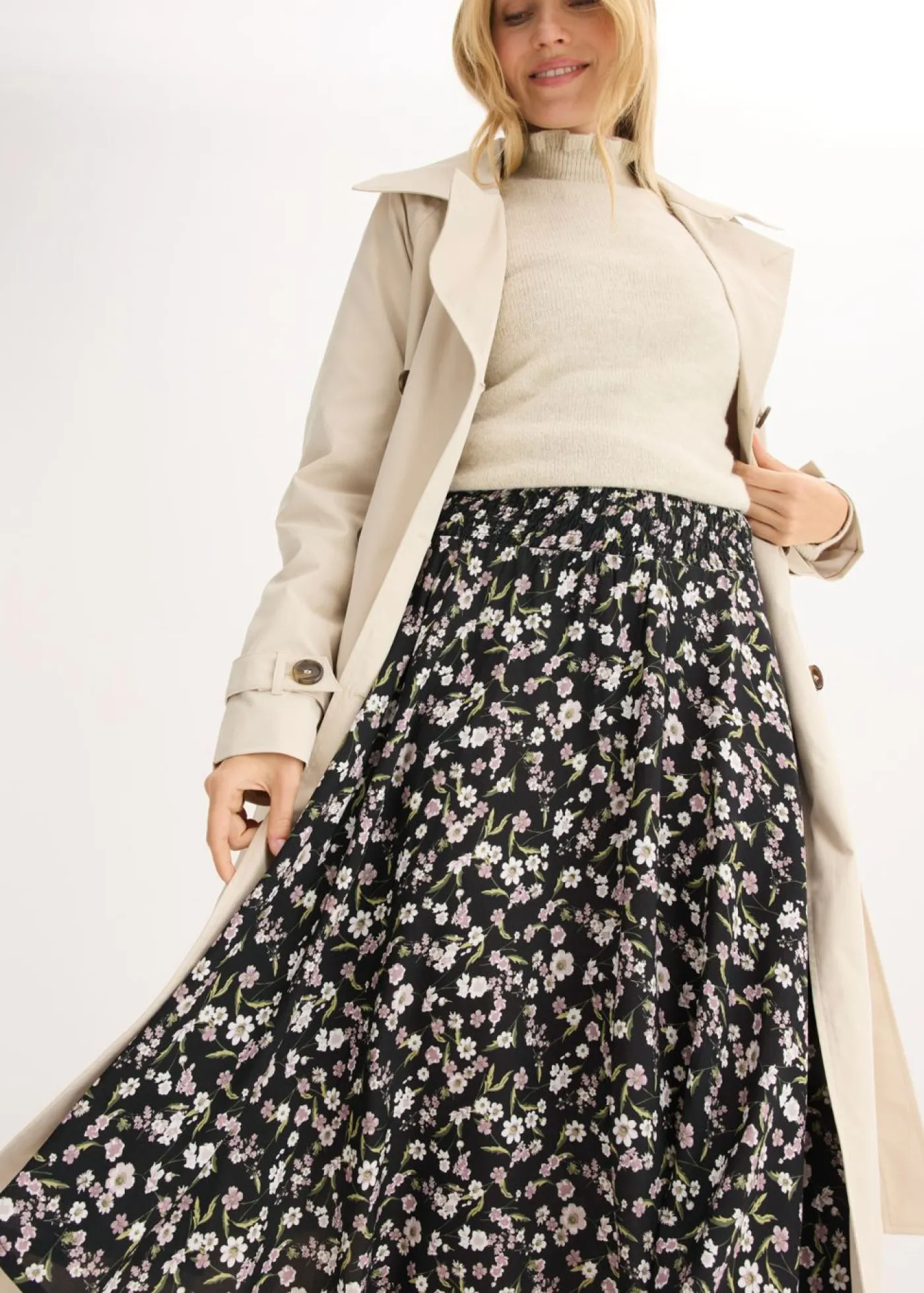 bonprix bonprix Falda midi de viscosa pura Negro-blanco estampado Best
