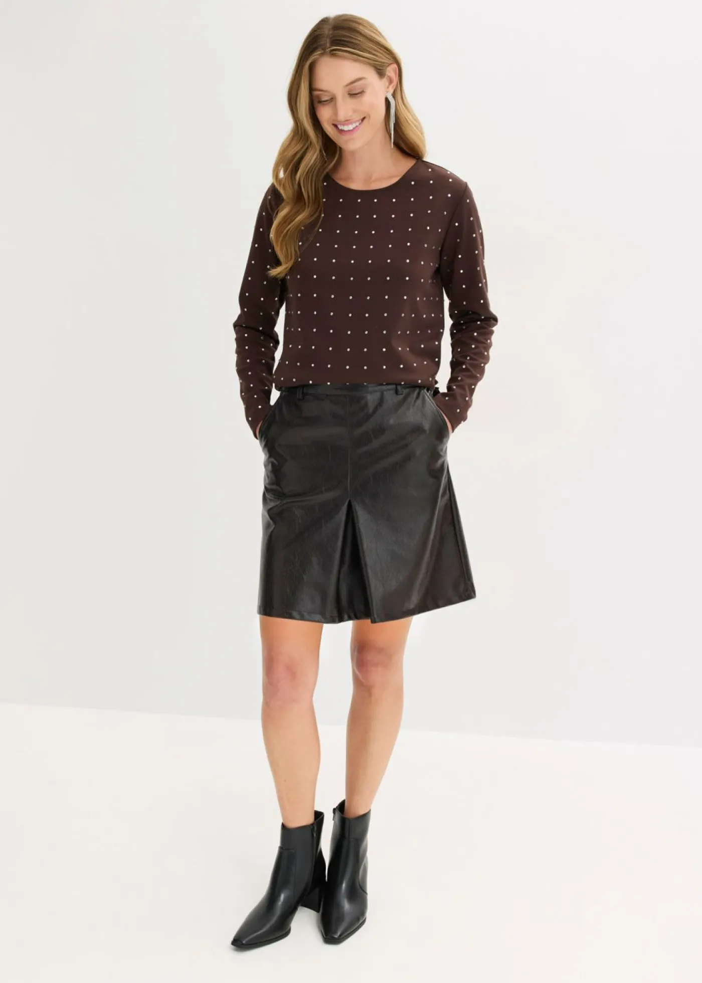 bonprix bonprix Falda plisada de charol sintético Marrón oscuro Clearance