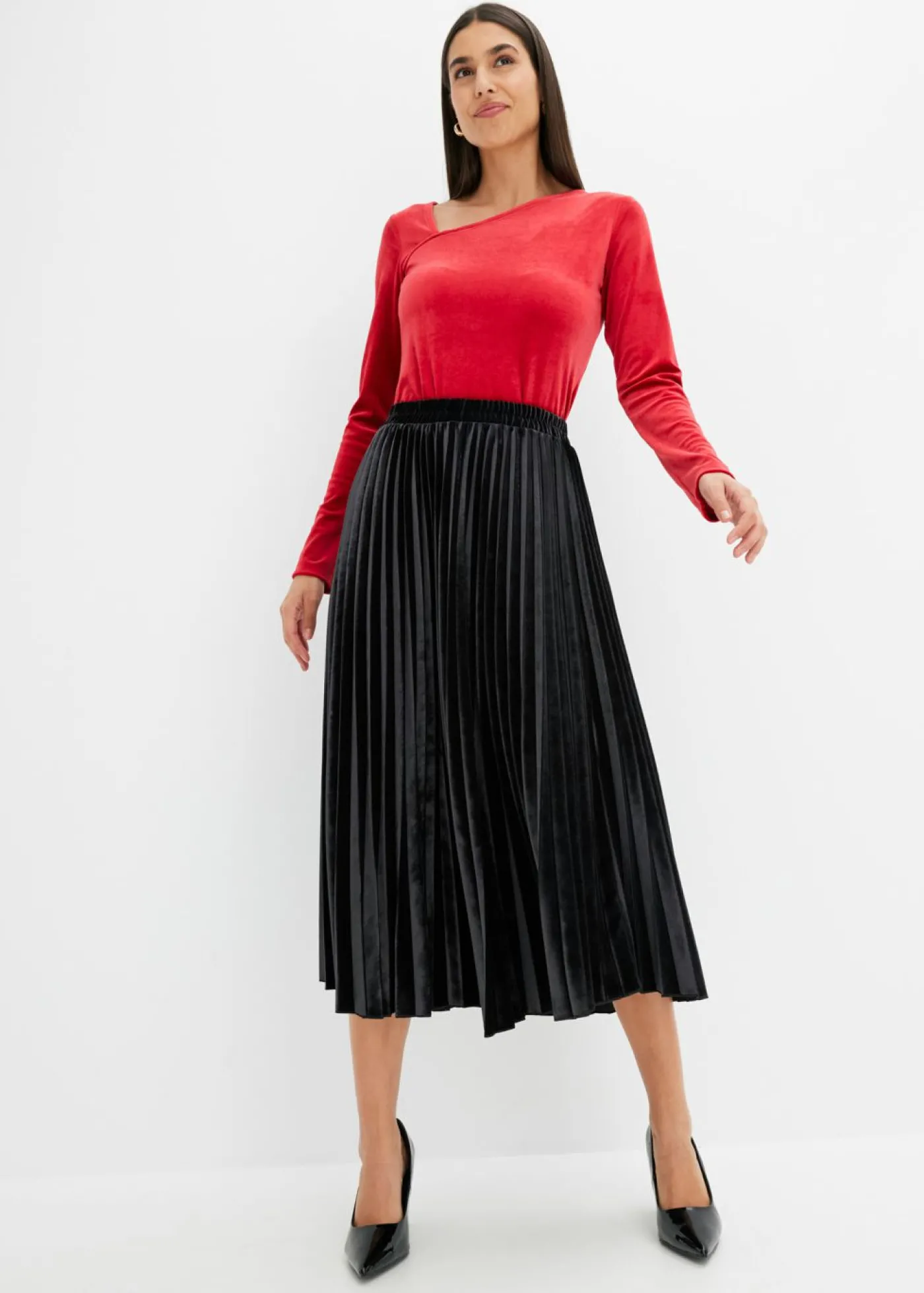 bonprix bonprix Falda plisada de terciopelo suave Negro Discount