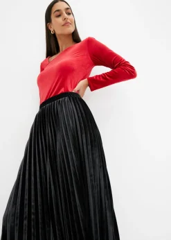 bonprix bonprix Falda plisada de terciopelo suave Negro Discount