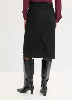 bonprix bonprix Falda vaquera con aplicación de piedras brillantes Negro denim metalizado Online