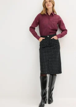 bonprix bonprix Falda vaquera con aplicación de piedras brillantes Negro denim metalizado Online
