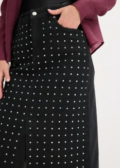 bonprix bonprix Falda vaquera con aplicación de piedras brillantes Negro denim metalizado Online