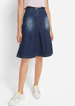 bonprix bonprix Falda vaquera con ribetes y cintura cómoda, corte en A Azul vaquero oscuro New
