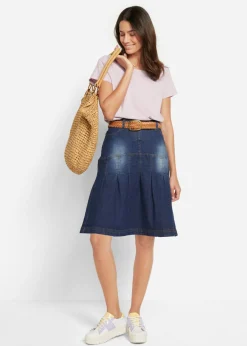bonprix bonprix Falda vaquera con ribetes y cintura cómoda, corte en A Azul vaquero oscuro New