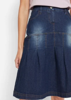 bonprix bonprix Falda vaquera con ribetes y cintura cómoda, corte en A Azul vaquero oscuro New