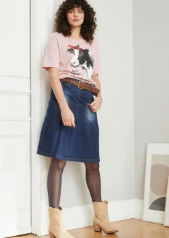 bonprix bonprix Falda vaquera con ribetes y cintura cómoda, corte en A Azul vaquero oscuro New