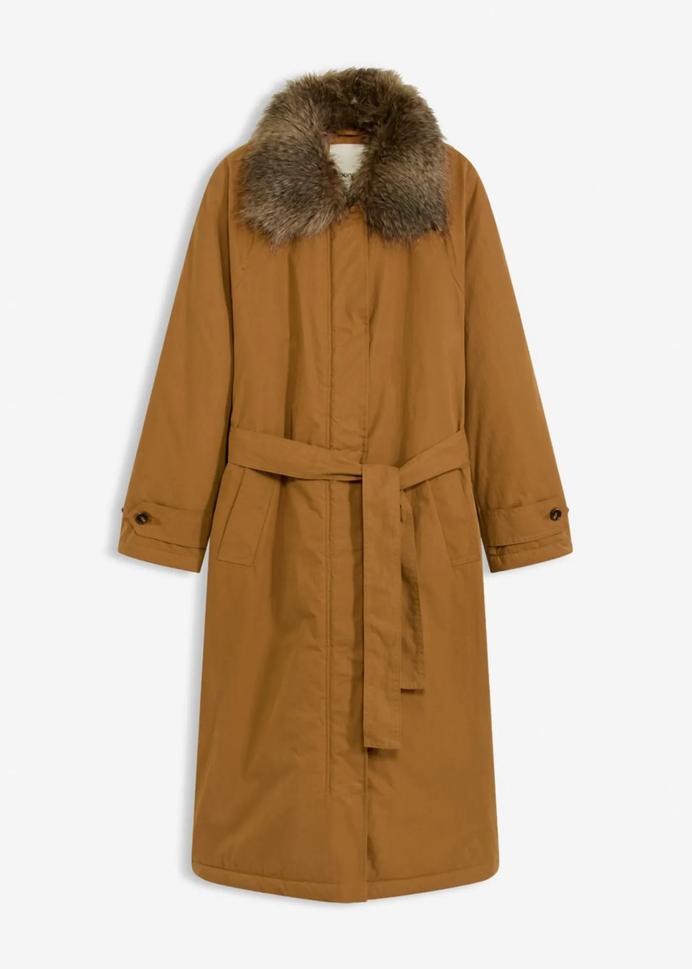 bonprix bonprix Gabardina acolchada con cuello desmontable de pelo Marrón coñac Sale