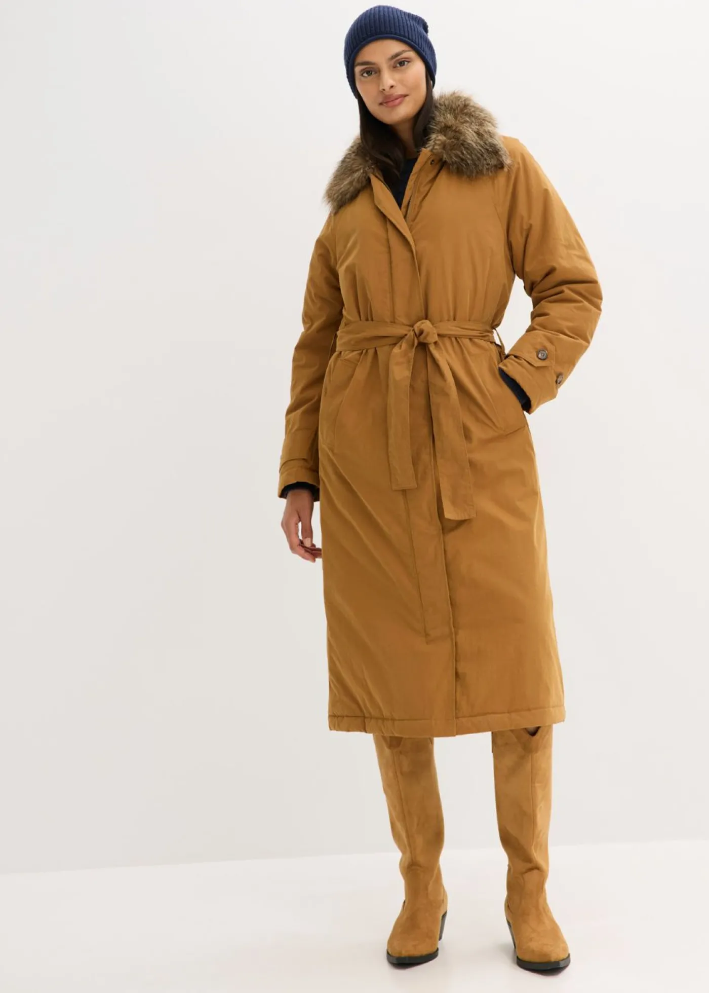 bonprix bonprix Gabardina acolchada con cuello desmontable de pelo Marrón coñac Sale
