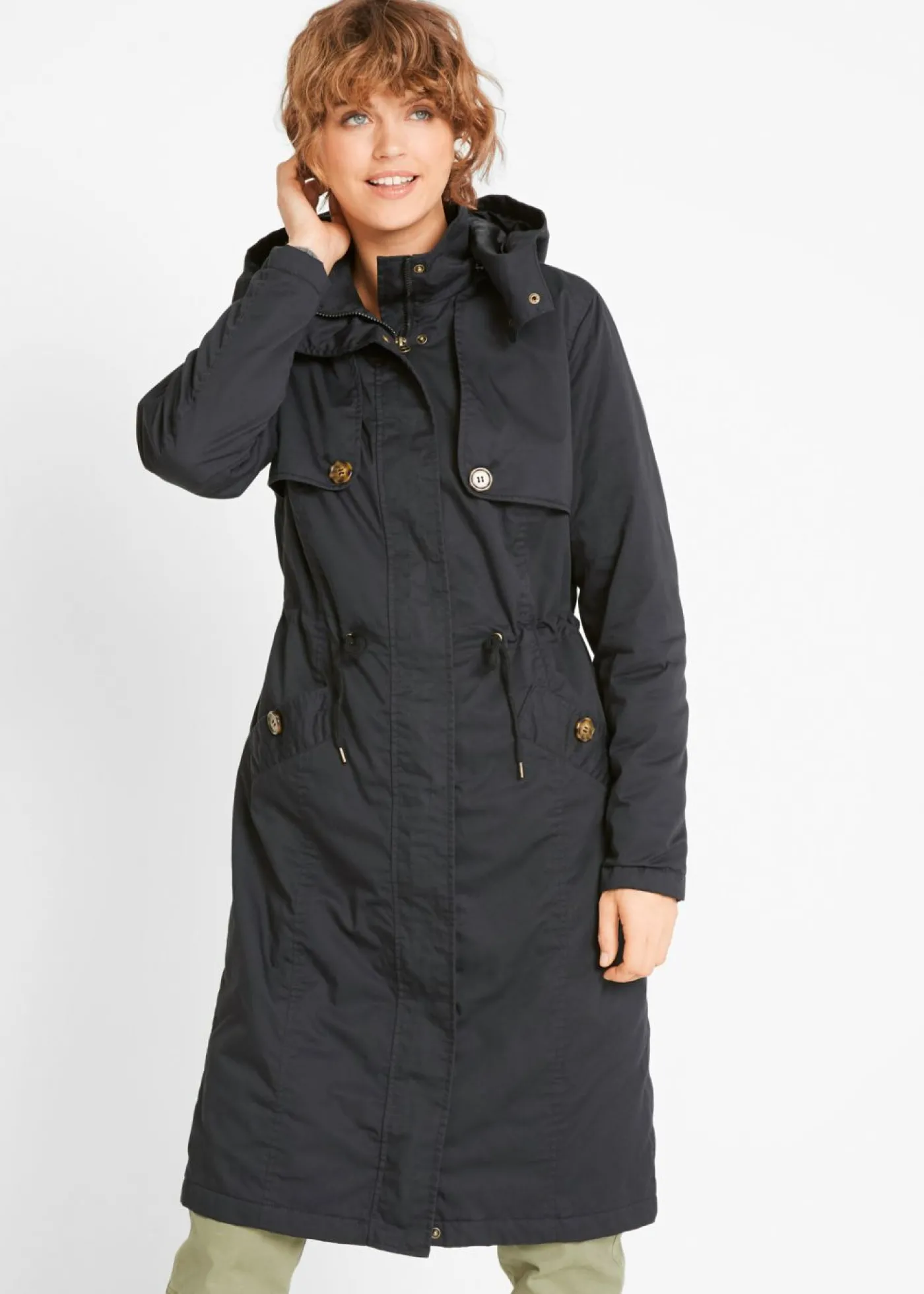 bonprix bonprix Gabardina larga , ajustada en la cintura y ligeramente acolchado con capucha Negro New