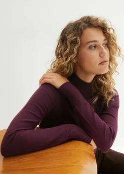 bonprix bonprix Jersey básico de punto fino con cuello alto y algodón reciclado morado intenso