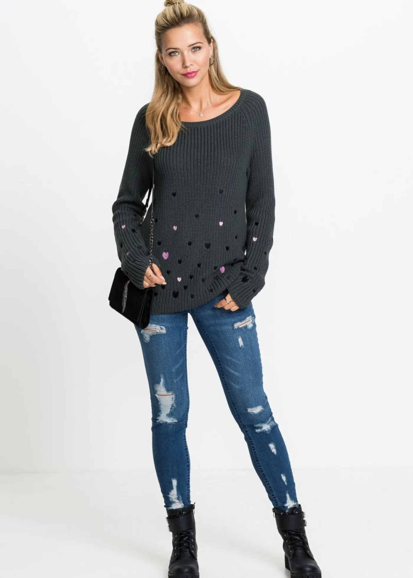 bonprix bonprix Jersey con dibujos de corazones Antracita estampado Discount