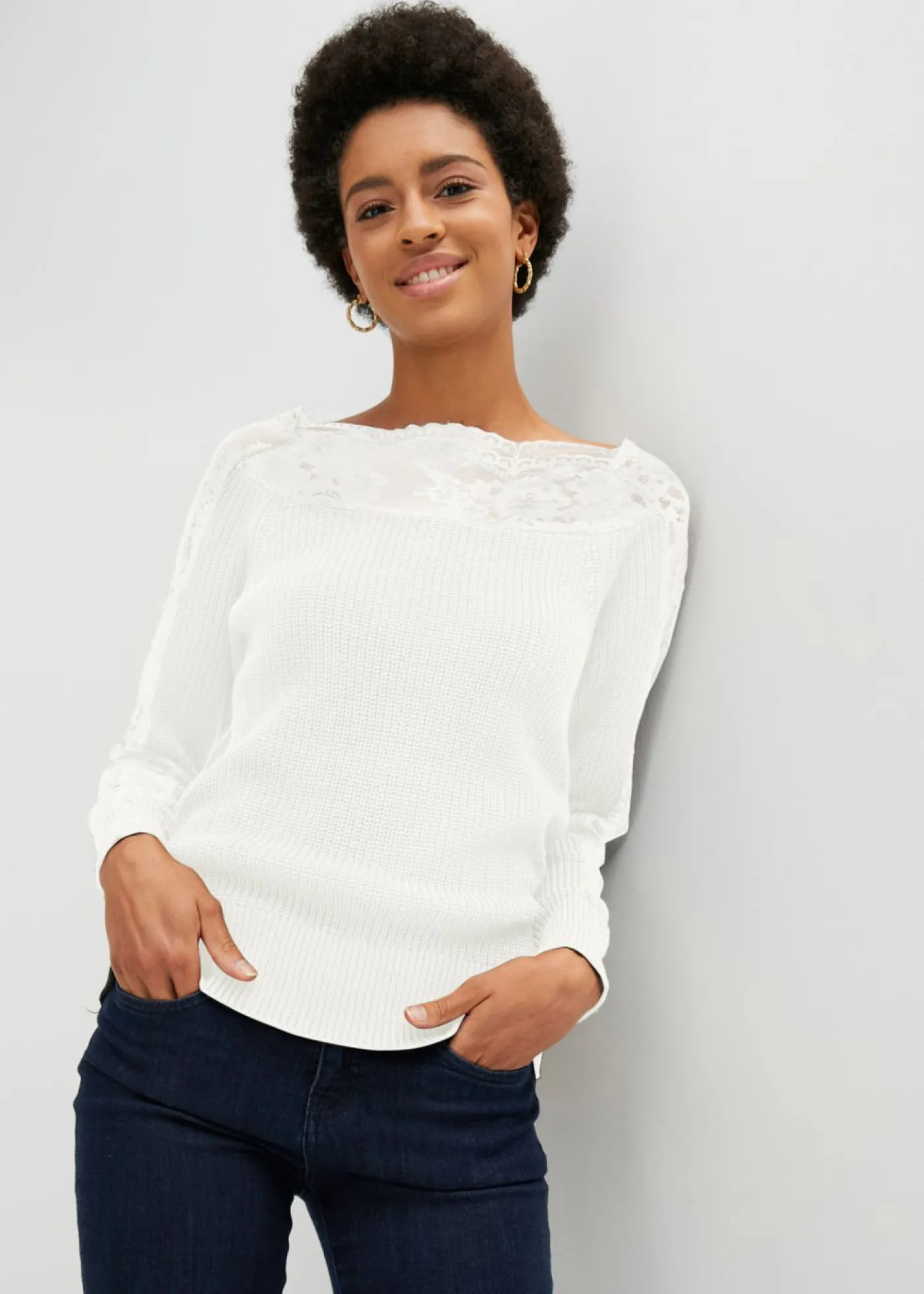 bonprix bonprix Jersey con encaje Blanco lana