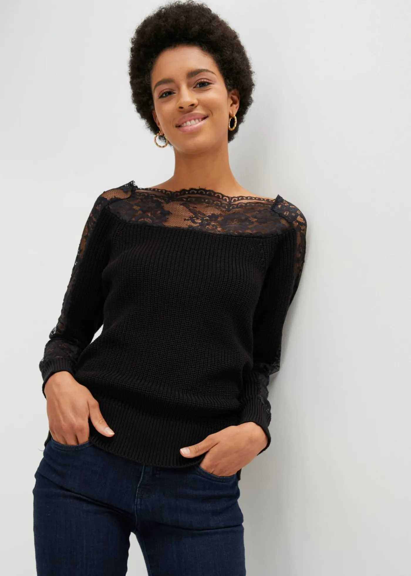 bonprix bonprix Jersey con encaje Negro