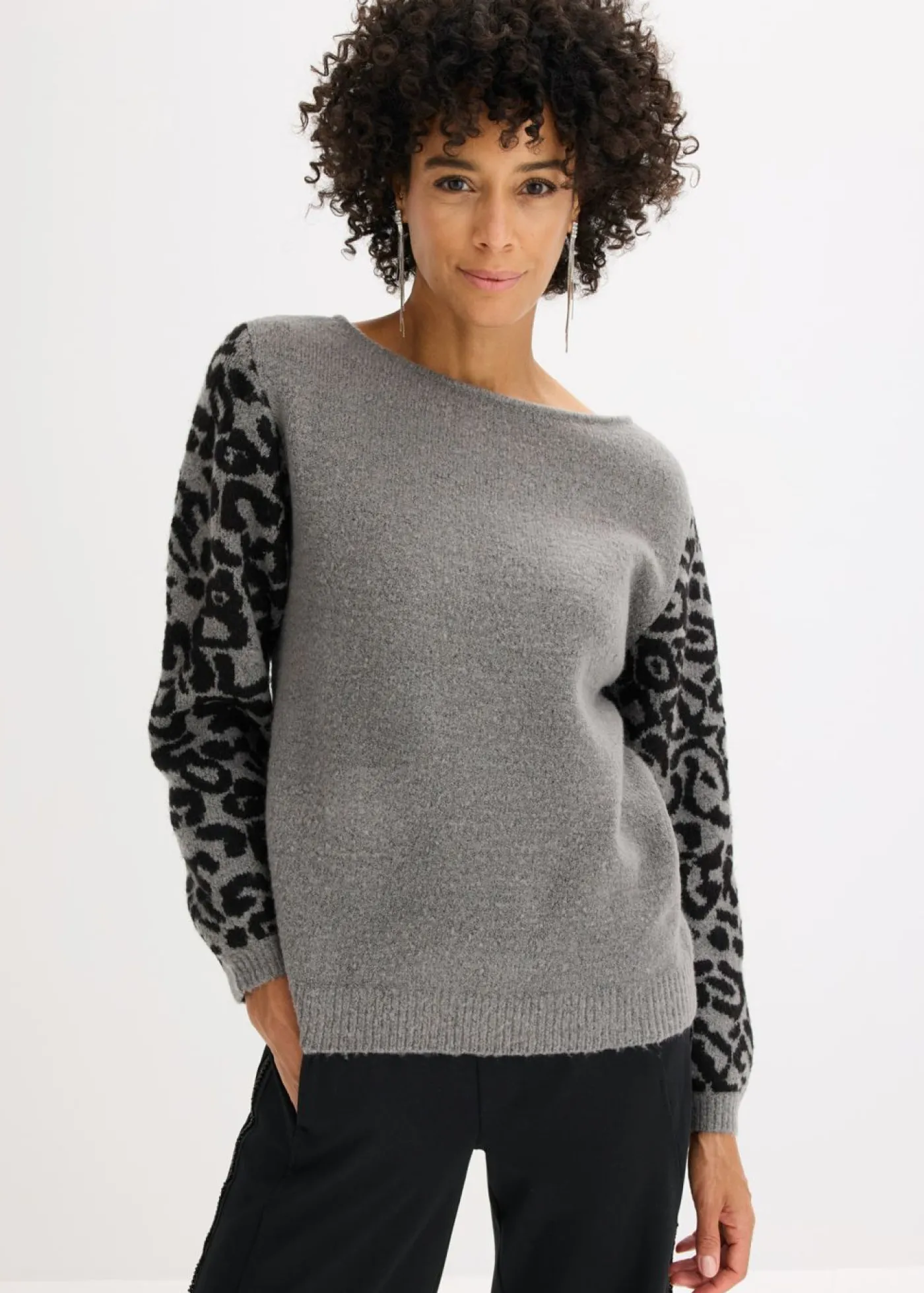 bonprix bonprix Jersey con estampado de leopardo estampado leo gris jaspeado/negro Discount
