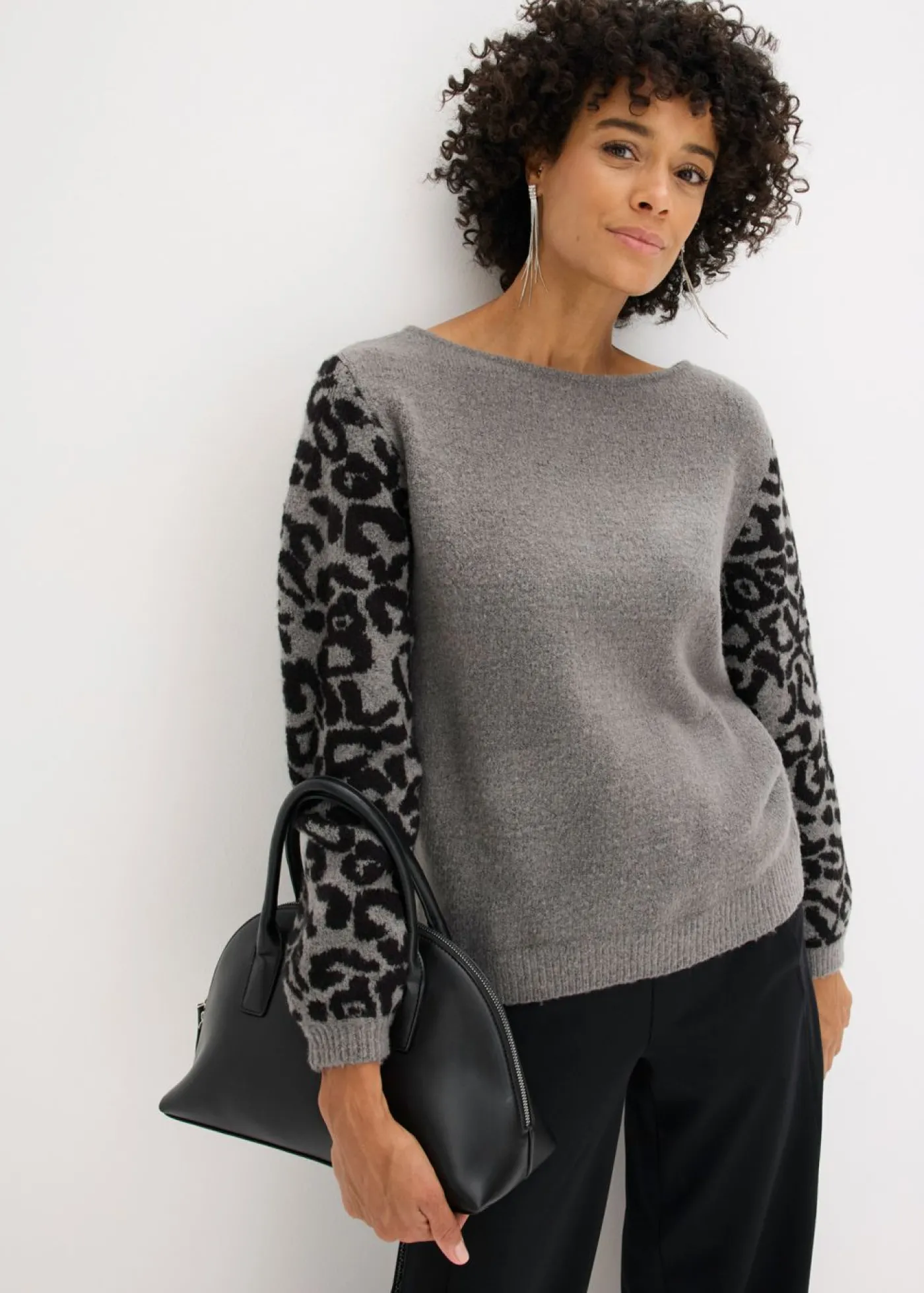 bonprix bonprix Jersey con estampado de leopardo estampado leo gris jaspeado/negro Discount