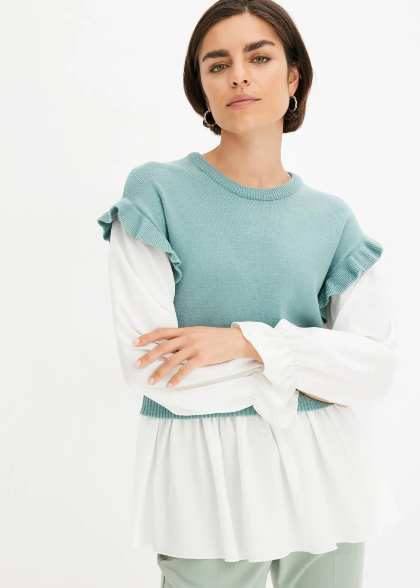 bonprix bonprix Jersey con inserto de blusa Menta jaspeado Sale
