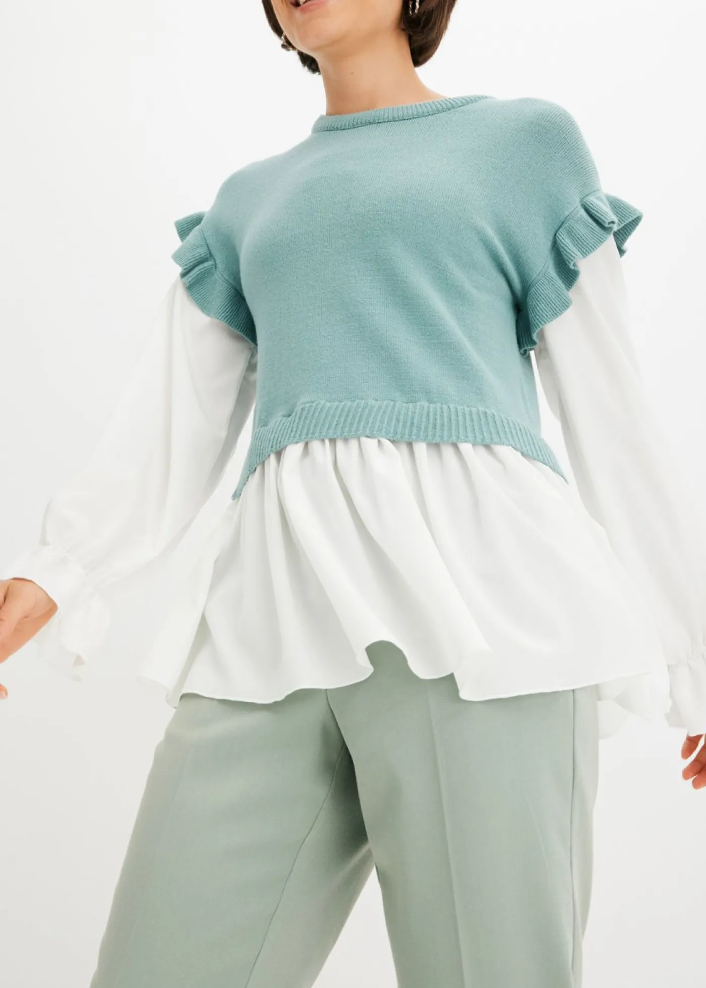 bonprix bonprix Jersey con inserto de blusa Menta jaspeado Sale
