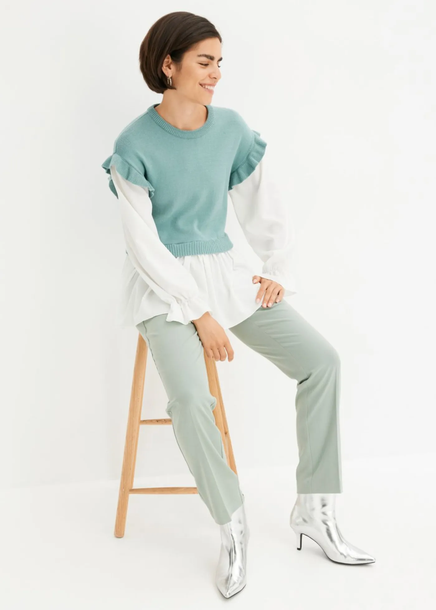 bonprix bonprix Jersey con inserto de blusa Menta jaspeado Sale