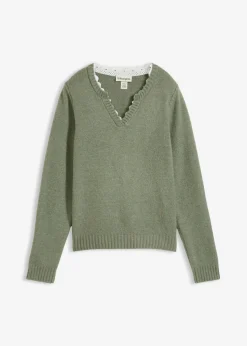 bonprix bonprix Jersey con inserto de encaje Verde oliva Sale