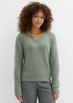 bonprix bonprix Jersey con inserto de encaje Verde oliva Sale