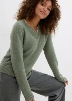 bonprix bonprix Jersey con inserto de encaje Verde oliva Sale
